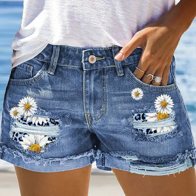 Women's Printed Denim Shorts Street Hipster White Flower - Shop at LoveMi