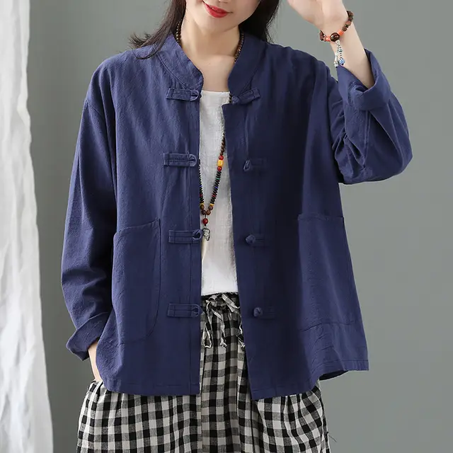 Loose And Casual Cardigans Zen Tea Clothes Tops In Spring And Autumn Navy Blue - Shop at LoveMi