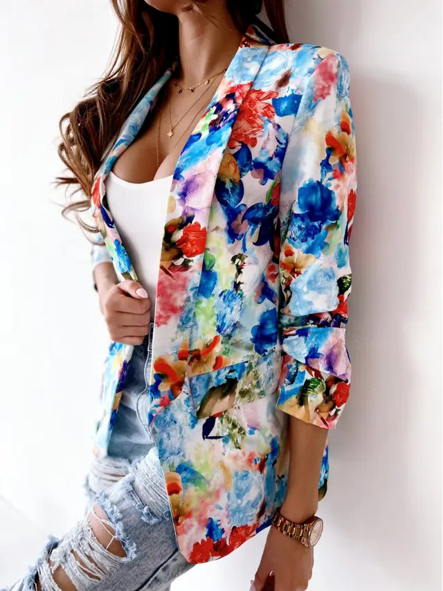 Digital Printing Long Sleeve Lapel Floral Slim Fit Women's Jacket Blue - Shop at LoveMi