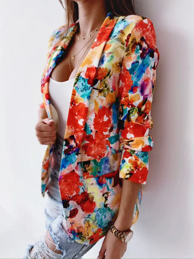 Digital Printing Long Sleeve Lapel Floral Slim Fit Women's Jacket Orange - Shop at LoveMi