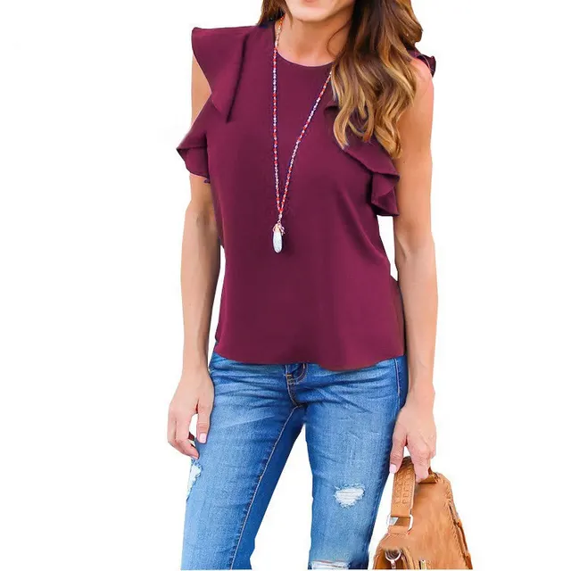 Women's Fashion Ruffled Solid Color Pullover Chiffon Top Wine Red - Shop at LoveMi