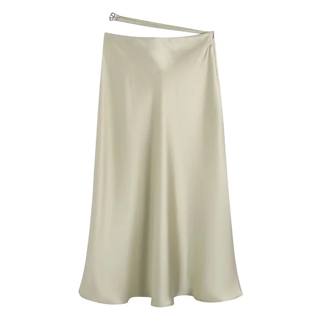 High Waisted Silk Satin Midi Skirt Green - Shop at LoveMi