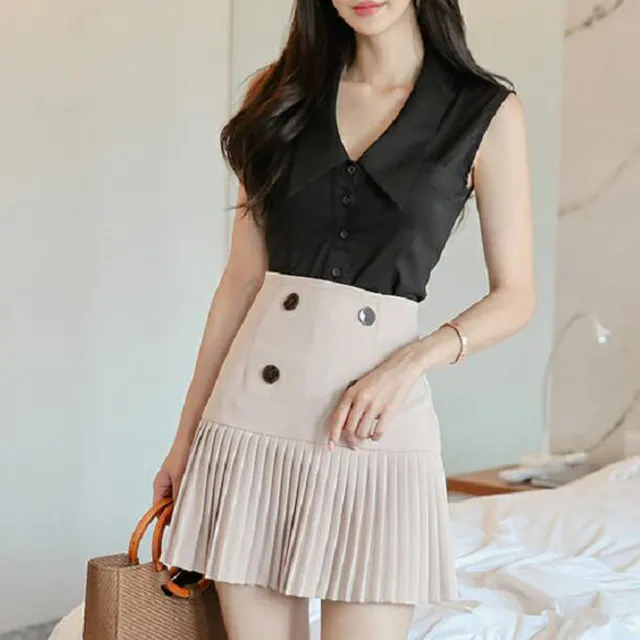 V neck Sleeveless Shirt High Waist Pleated Skirt Two piece Set Black - Shop at LoveMi