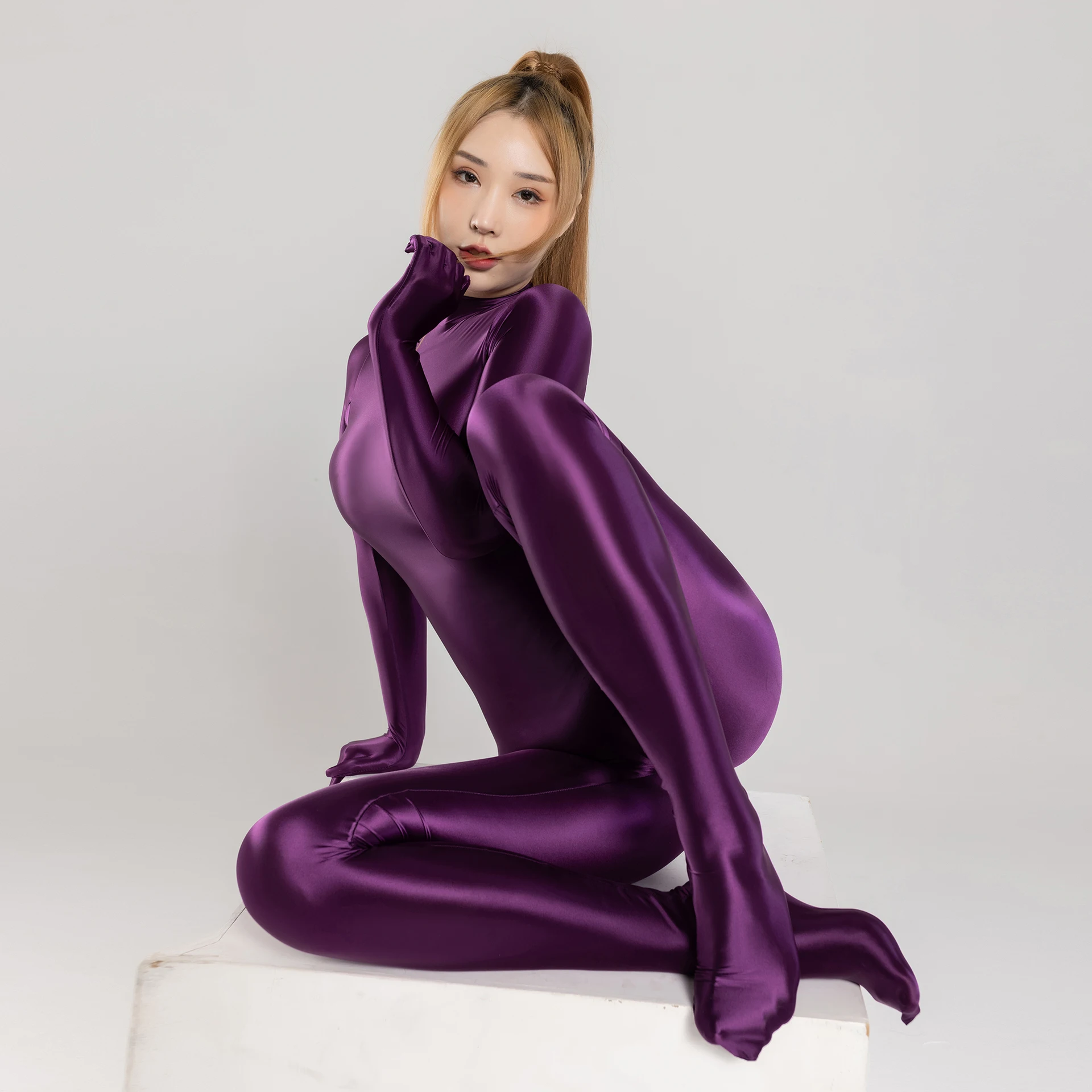 Nylon Spandex Full Coverage Sleeve Tight And Shiny Bodysuit - Purple