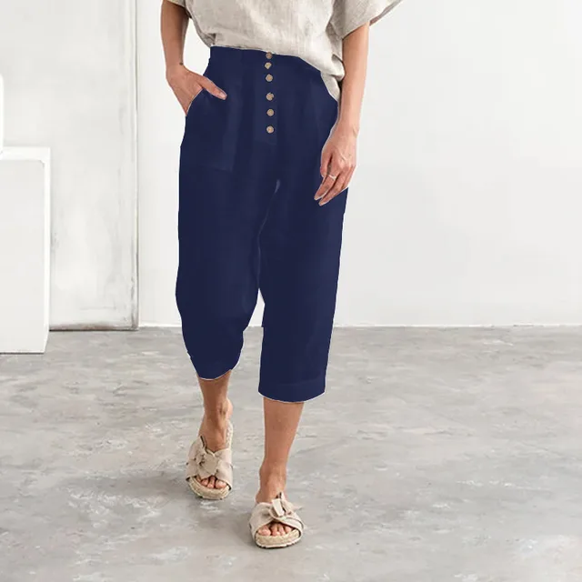 Casual Breasted Cotton Linen Loose Casual Pants Navy Blue - Shop at LoveMi