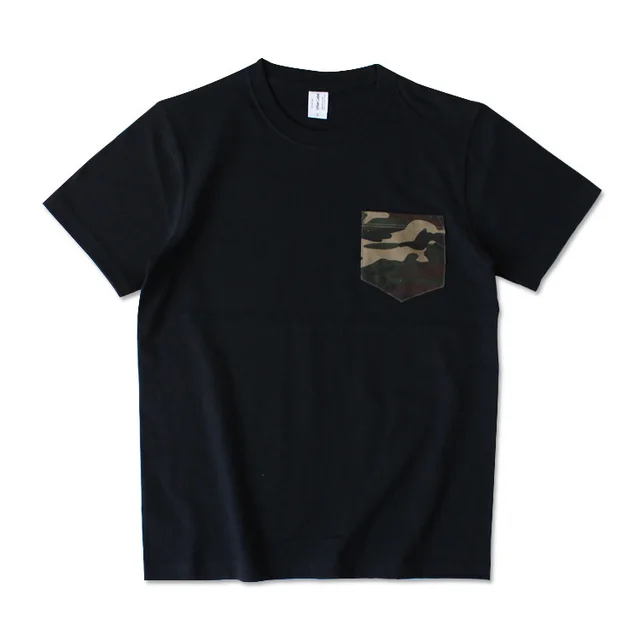 Japanese Retro Cotton Solid Color Tube Knit Short sleeved T shirt Black T Camo Pocket - Shop at LoveMi