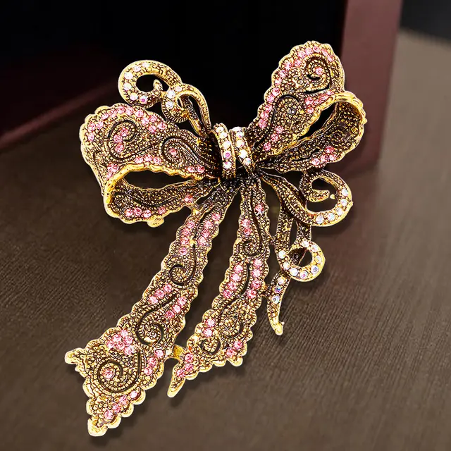 Rhinestone Brooch Alloy Electroplating Vintage Bow Women's Corsage Pink Diamond - Shop at LoveMi