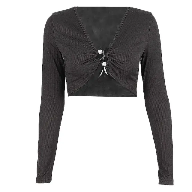 V neck Pearl embellished Ultra short Long sleeved Bottoming Top Black - Shop at LoveMi