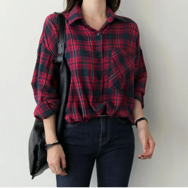 Spring New Women's Plaid Loose Shirt Red - Shop at LoveMi