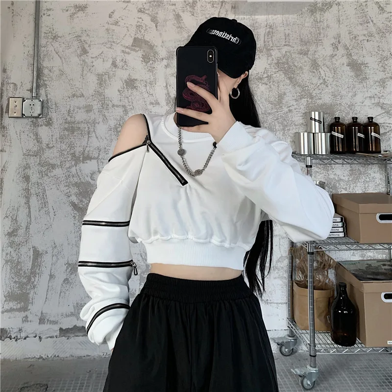 Student Harajuku Style Long Sleeve Off Shoulder Top - White