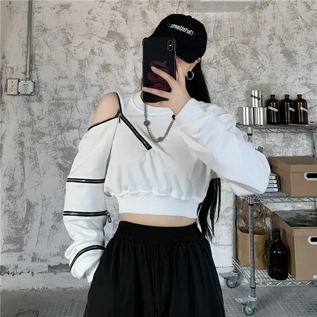 Student Harajuku Style Long Sleeve Off Shoulder Top White - Shop at LoveMi