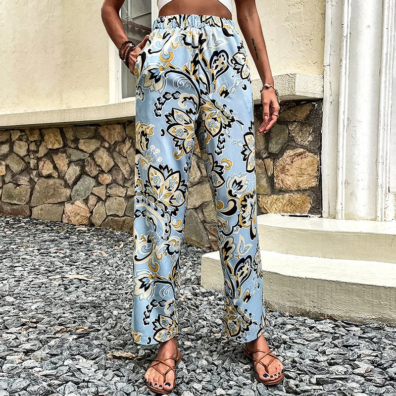 European And American Women's Fashion Floral Print Lace up Loose Casual Straight leg Pants Trousers Sky Blue - Shop at LoveMi