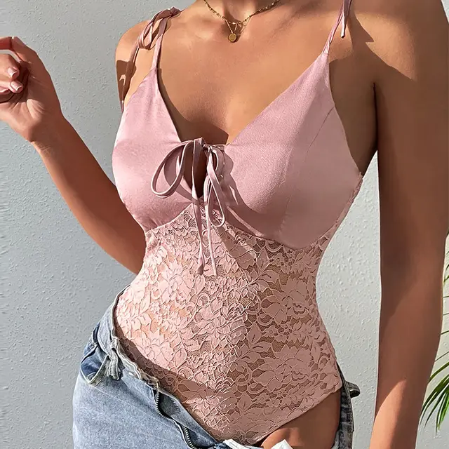 Summer New Women's Lace Suspenders Beachwear One piece Solid Color Open back One piece Pink - Shop at LoveMi