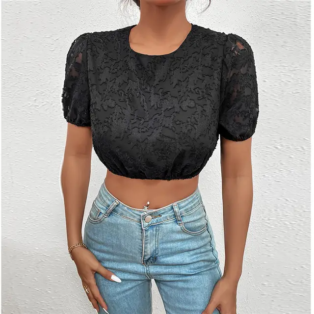 Summer And Autumn New Short sleeved Hollowed out Foreign style Pullover Cropped Navel French Retro Round Neck Top Black - Shop at LoveMi