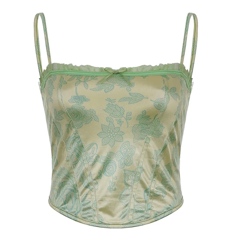 Slim Fit Lace Trim Top Print Off Shoulder Suspender - Green