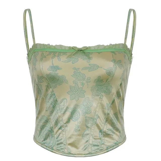 Slim Fit Lace Trim Top Print Off Shoulder Suspender Green - Shop at LoveMi