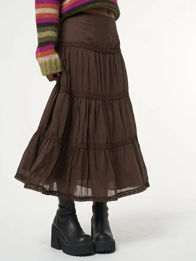 Fashionable Hollow Solid Color Long Skirt Brown - Shop at LoveMi