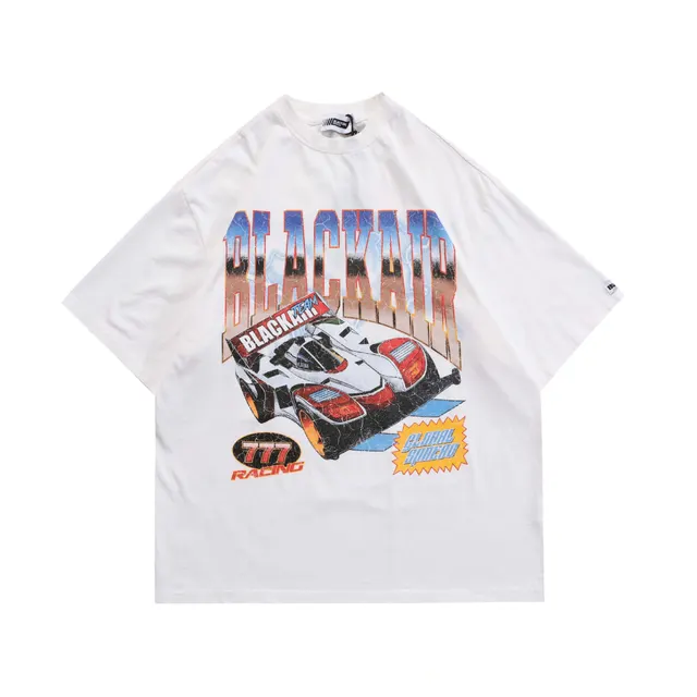 Vintage Washed Distressed Loose Crew Neck Direct Print T Shirt White - Shop at LoveMi