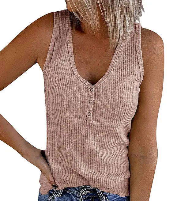 Summer New Women's Button Vest V neck Sleeveless T shirt Pink - Shop at LoveMi