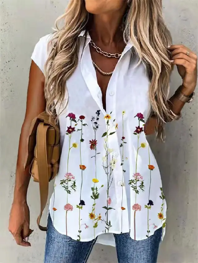 Women's Fashion Print Lapel Short Sleeve Shirt White - Shop at LoveMi