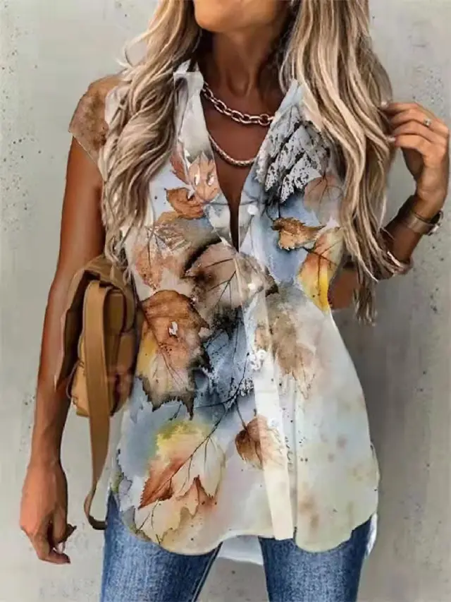 Women's Fashion Print Lapel Short Sleeve Shirt Yellow - Shop at LoveMi