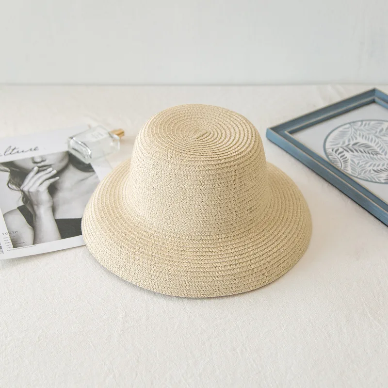 Ladies Vacation Beach Flat Top Straw Hat Beige - Shop at LoveMi