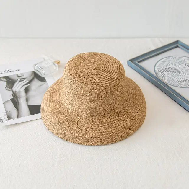 Ladies Vacation Beach Flat Top Straw Hat Khaki - Shop at LoveMi