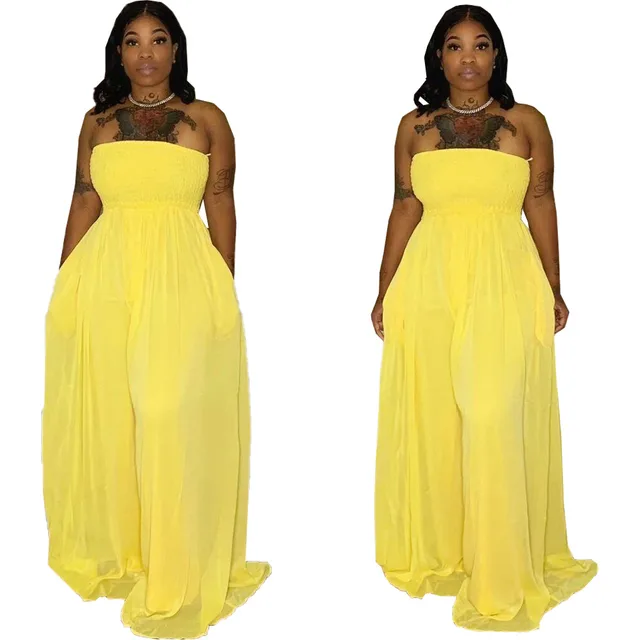 Women's Fashion Sexy Smocked Tube Top Sleeveless Jumpsuit Yellow - Shop at LoveMi
