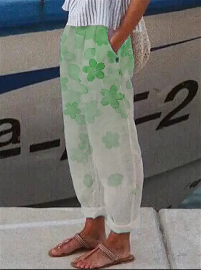 Loose Cotton Linen Pocket Print Casual Women's Pants Green - Shop at LoveMi