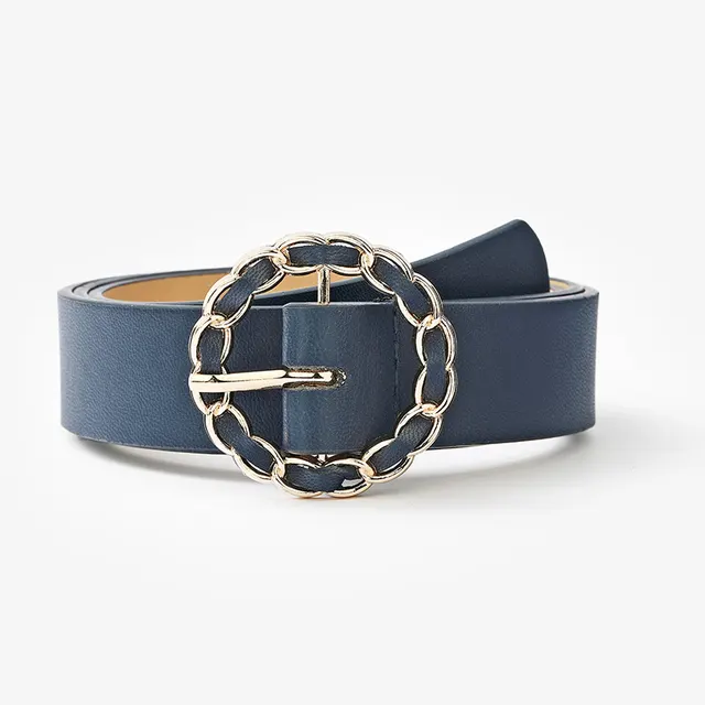 Japanese Round Buckle Exquisite PU Wrap Ladies Decorative Belt Navy Blue - Shop at LoveMi