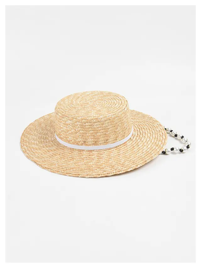 Flat Straw Women Pearl Chain Sunshade Sun Hat White - Shop at LoveMi