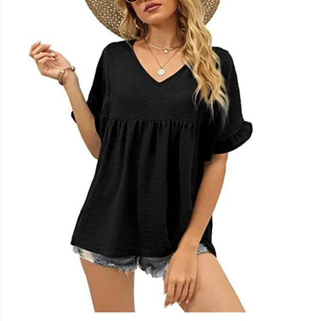 Summer Casual Ruffled Pleated T shirt Loose Top Black - Shop at LoveMi