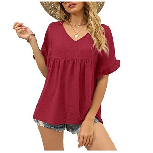 Summer Casual Ruffled Pleated T shirt Loose Top Wine Red - Shop at LoveMi