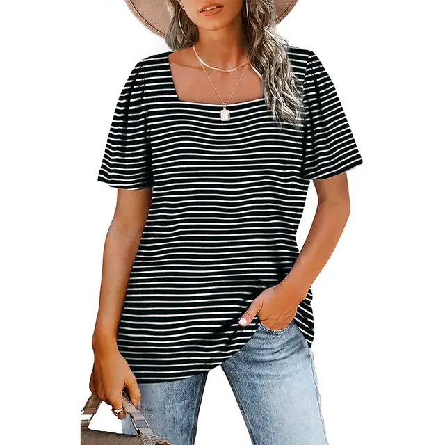Gathered Striped Square Neck Short Sleeve T Shirt Women Black Strips - Shop at LoveMi