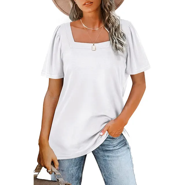 Gathered Striped Square Neck Short Sleeve T Shirt Women White - Shop at LoveMi
