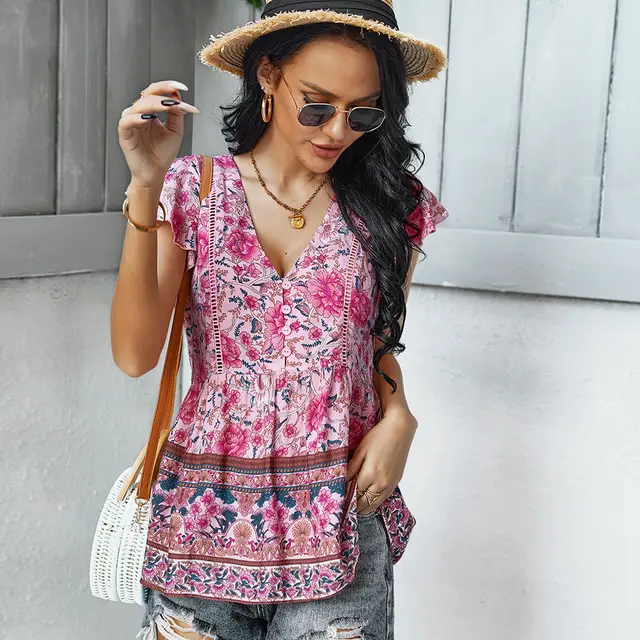 Women's Summer Bohemian Short Sleeve Top T Shirt Pink - Shop at LoveMi