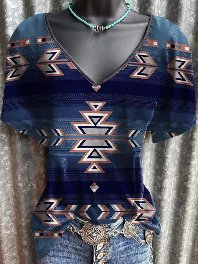Women's Bohemian Print V Neck Casual Short Sleeve T Shirt 10Style - Shop at LoveMi