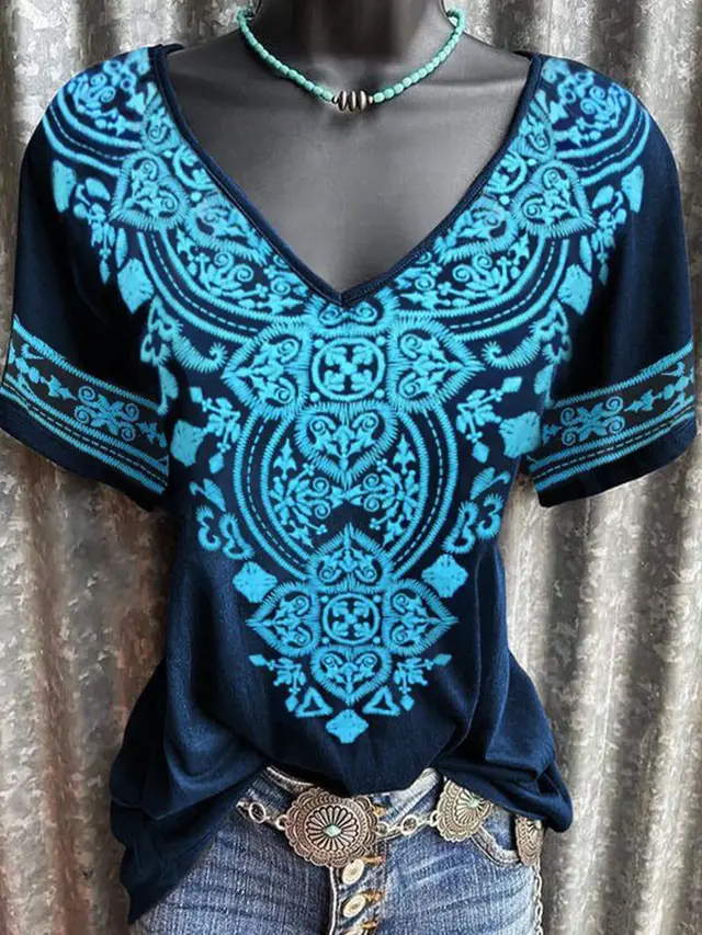 Women's Bohemian Print V Neck Casual Short Sleeve T Shirt 7Style - Shop at LoveMi