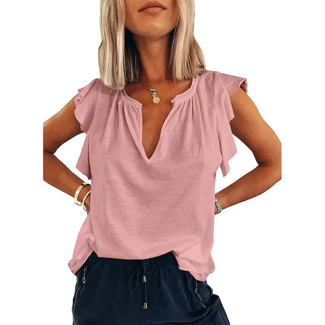 V Neck Short Sleeve Loose Pullover T Shirt Pink - Shop at LoveMi