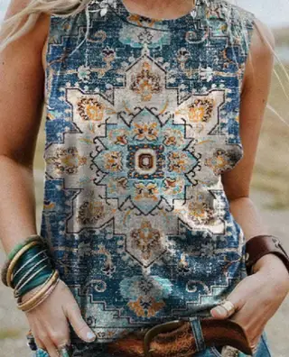 Retro Print Round Neck Short Sleeve Women's T-shirt - J1Color - View 1