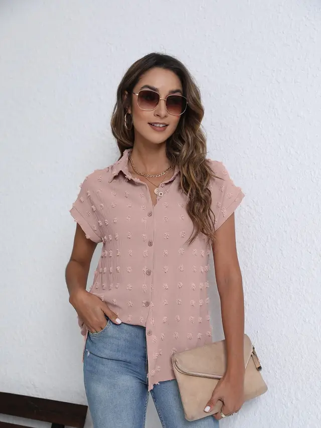 Women's Summer New Loose Button Short Sleeve Shirt Pink - Shop at LoveMi
