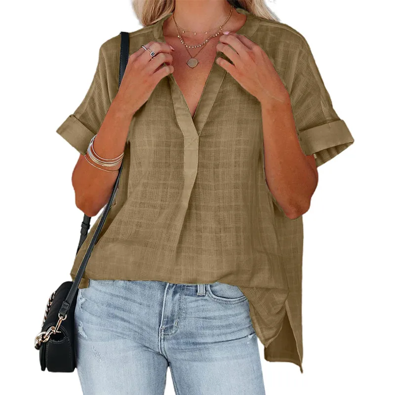 Summer New Women's V neck Short sleeved Loose Shirt Coffee - Shop at LoveMi