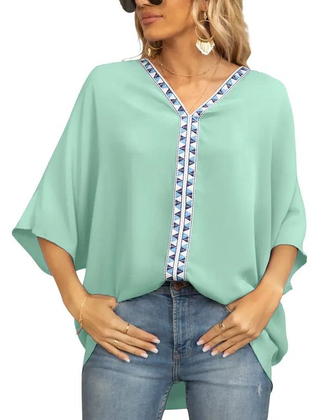 Summer Women's Bat Sleeve Chiffon V neck Shirt Green - Shop at LoveMi