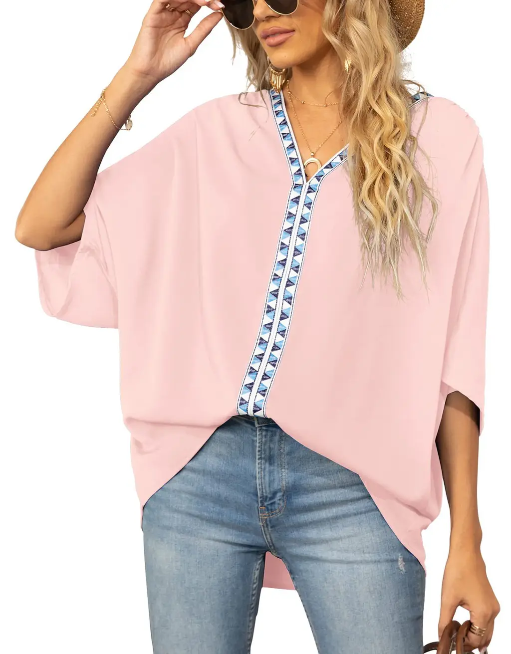 Summer Women's Bat Sleeve Chiffon V-neck Shirt - Pink