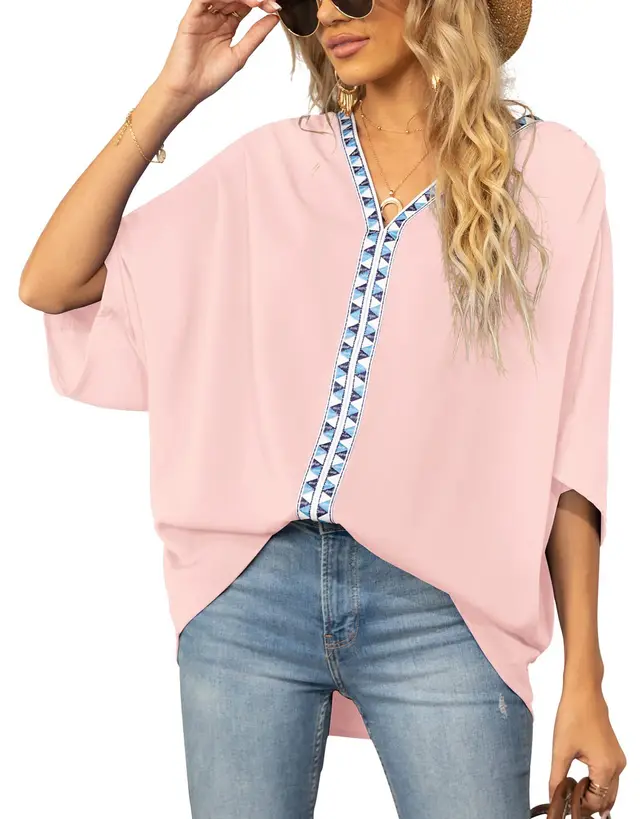 Summer Women's Bat Sleeve Chiffon V neck Shirt Pink - Shop at LoveMi