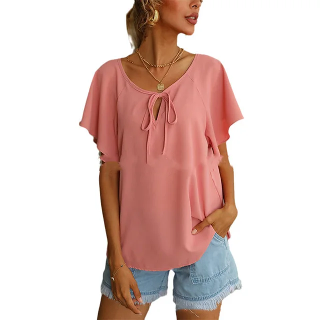 Women's Short Sleeve Fashion Solid Color V Neck Shirt Top Women Pink - Shop at LoveMi