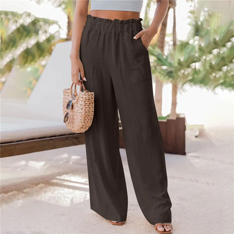 Casual Fashion Ruffled Patch Pocket Wide Leg Pants - Coffee