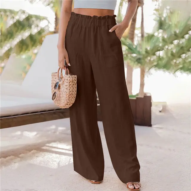 Casual Fashion Ruffled Patch Pocket Wide Leg Pants Coffee - Shop at LoveMi