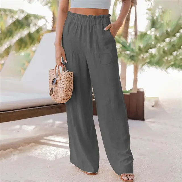 Casual Fashion Ruffled Patch Pocket Wide Leg Pants Grey - Shop at LoveMi
