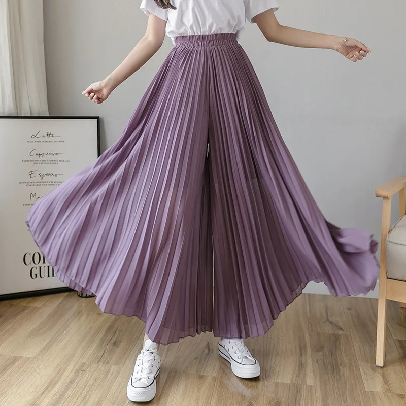 Women's Summer Large Swing Chiffon Pleated Wide Leg Pants Purple - Shop at LoveMi